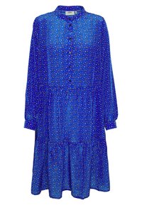 Blå blommig klänning med långa ärmar, knäppning framtill och lager på lager-uppskärning. Tyg är lätt och texturerat, med ett mönster av små blommor.