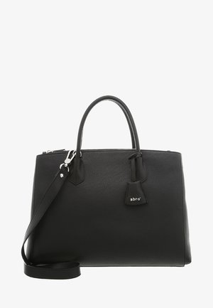 Bolso de mano de cuero negro con dos asas, correa de hombro extraíble y una pequeña etiqueta de marca con la inscripción "abro" en el frente.