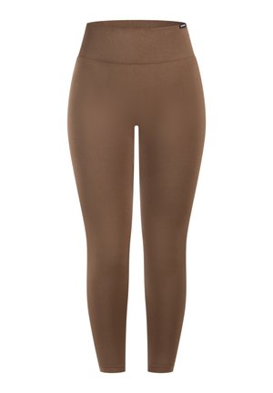 Braune dehnbare Leggings mit hohem, geripptem Bund, glatter Textur und einer enganliegenden Passform, die zum Knöchel hin schmaler wird.