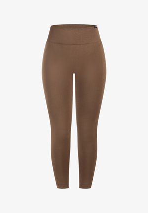 Braune dehnbare Leggings mit hohem, geripptem Bund, glatter Textur und einer enganliegenden Passform, die zum Knöchel hin schmaler wird.