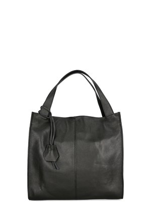 Black leather tote bag with a textured surface, a spacious main compartment, and a short handle. Features a decorative leather accent.