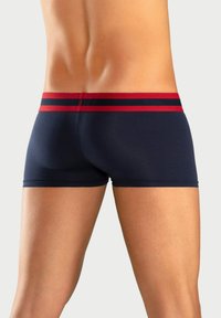 Morske bokserice narejene iz elastičnega materiala, z rdečo in morsko modro prugasto elastiko. Gladka tekstura in prilegajoča zasnova z kritjem do sredine stegna.