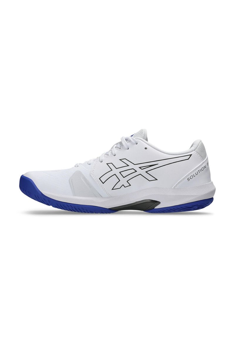 White athletic shoe with a black and blue sole, featuring a smooth surface, mesh accents, and a prominent logo on the side.