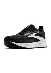 Zapatilla de correr negra con una parte superior de malla texturizada, entresuela blanca y suela de goma. Presenta un marcado branding en el lateral y la lengüeta.