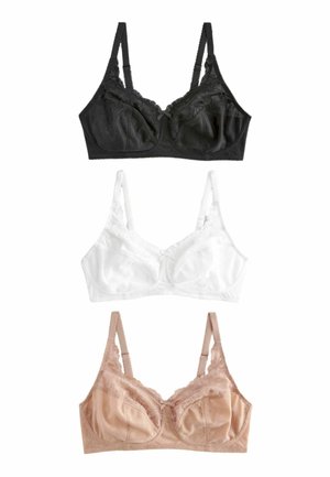 Three bras displayed vertically: a black bra with lace accents, a white bra with lace trim, and a beige bra with similar detailing.