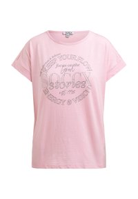 Light pink short-sleeve t-shirt with round neck and black text design reading "KEEP YOUR FLOW, SOCXX stories, ENERGY & VISION."