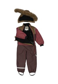 Két részes gyerek síoverál, bordó külső réteggel, barna díszítésekkel, fekete bélés, szőrme szegélyű kapucnival, elasztikus mandzsettákkal és fényvisszaverő csíkokkal.