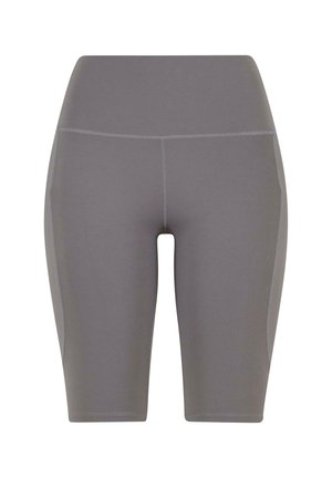 Gray athletic shorts with a fitted design, smooth texture, and contrasting side panels. Features flat seams for comfort and durability.