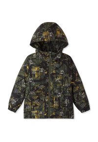 Wodoodporna kurtka w ciemnozielonym kolorze z wzorem dinozaurów, z kapturem, zamkiem błyskawicznym z przodu oraz elastycznymi mankietami.