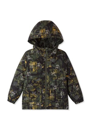 Giacca impermeabile verde scuro con motivo di dinosauri, dotata di cappuccio, chiusura frontale con zip e polsini elasticizzati.
