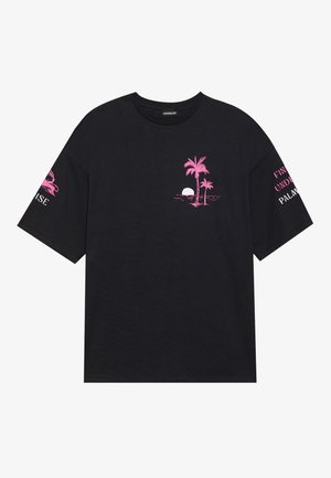 Black cotton t-shirt with pink palm tree and sunset graphic on the front. Text on the sleeve reads "FIND YOUR PARADISE" and "PALM".
