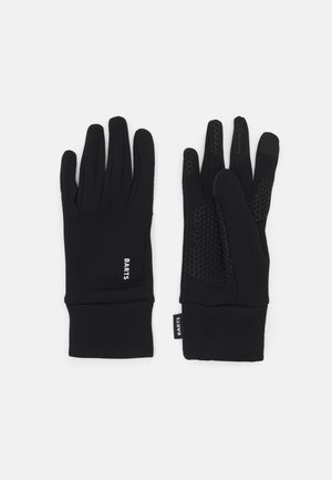 Gants noirs en tissu extensible, dotés d'une surface texturée sur les paumes et d'un ajustement serré au niveau des poignets. Logo de la marque sur le côté.