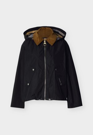 Veste noire à fermeture éclair avec col en velours côtelé marron, capuche, deux poches avant à boutons-pression et ourlet avec cordon de serrage ajustable.