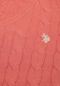 Koraal kabelgebreide trui met een gestructureerd patroon, voorzien van een ronde halslijn en een klein wit geborduurd logo in de onderste hoek.