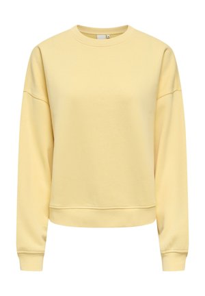 Ανοιχτό κίτρινο φούτερ με στρογγυλή λαιμόκοψη, μακριά μανίκια και ριμπ τελειώματα στα μανίκια και το κάτω μέρος, εμφανίζεται πάνω σε λευκό φόντο.