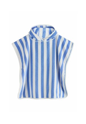 Poncho rayé bleu et blanc en tissu éponge doux, avec un col haut et des manches courtes. Idéal pour la plage ou la piscine.