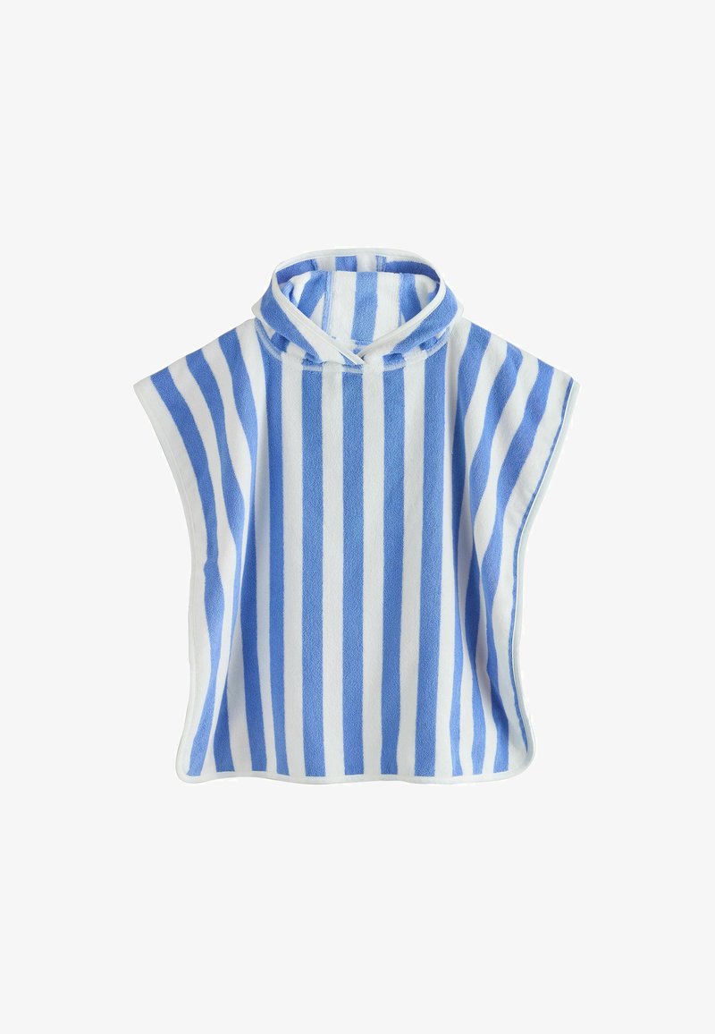 Poncho con cappuccio e asciugamano a righe verticali blu e bianche, realizzato in morbido tessuto in spugna per bambini.