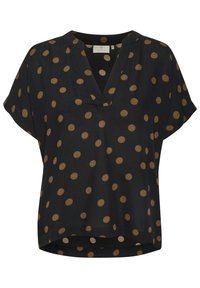 Blusa negra de manga corta con puntos marrones, escote en V y corte relajado de la marca Kaffe.