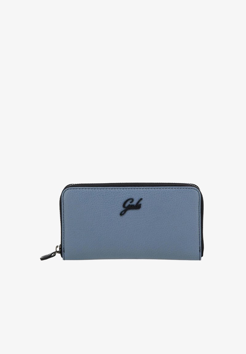 Portafoglio rettangolare in pelle blu chiaro con texture a pallini, con zip nera e logo nero centrato sulla parte frontale.