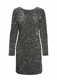 Melna kleita ar rhinestone rotājumiem, garām piedurknēm un apaļu kakla izgriezumu, ar teksturētu virsmu un mirdzošiem akcentiem visā kleitā.