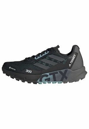 Černá běžecká trailová bota Adidas Terrex GTX s texturovanou podrážkou, štítkem Gore-Tex a číslem "300" vytištěným na boku.