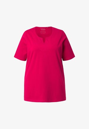 Fuchsia Kurzarm-T-Shirt mit Rundhalsausschnitt und einem kleinen V-Ausschnitt vorne, aus einem glatten Stoff gefertigt.