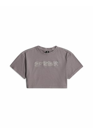 Graues kurzärmeliges T-Shirt mit rundem Halsausschnitt und weißem, besticktem Textlogo auf der Brust.