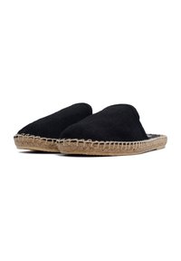 Scarpe slip-on nere in tela con suola in juta intrecciata, dotate di punta rotonda e dettagli cuciti lungo il bordo.
