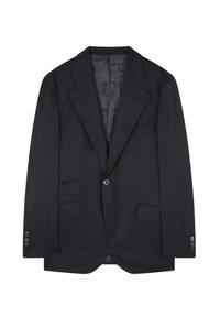 Blazer de color gris oscuro hecho de una tela texturizada, con solapas de muesca, cierre de botones y dos bolsillos frontales con costuras en contraste.