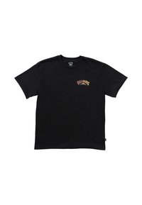 Black cotton t-shirt featuring a colorful front logo. Short sleeves and a crew neck design with a slightly loose fit. Soft texture.