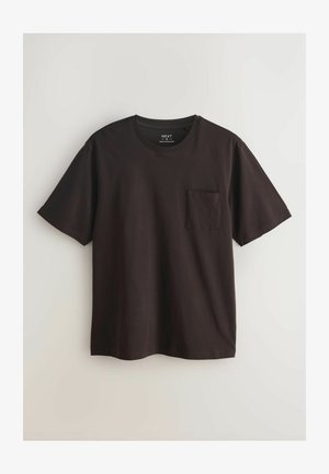 Černé krátké tričko s krátkým rukávem z bavlny, s kulatým výstřihem a jednou kapsou na hrudi. Hladká textura s volným střihem.