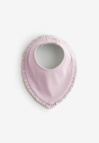 Pink bib made of soft fabric, featuring a triangular shape with a ruffled edge and a central neck opening. Adjustable snap closure.