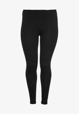 Schwarze Leggings aus einem glatten, dehnbaren Stoff. Sie haben ein tailliertes Design und einen hohen Bund, der sich für verschiedene Aktivitäten eignet.