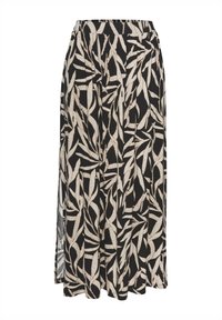 Črna krilo z rastlinskim vzorcem v krem in bež barvi, s tekočim dizajnom in razporkom na eni strani za dodano gibljivost.