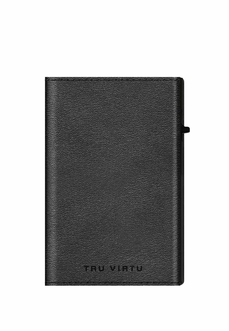 Black leather wallet with a textured finish, featuring a side access slot and embossed brand name at the bottom.