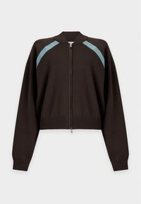 Pull zippé marron foncé avec des rayures diagonales bleu clair près des épaules et des poignets et un ourlet côtelés.