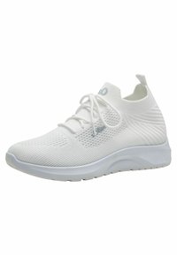 Baskets de sport blanches avec une tige en maille tricotée, bout rond, design à lacets, col rembourré et semelle texturée pour une adhérence et une stabilité optimales.