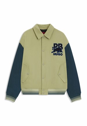 Green and navy jacket with a collar, snap buttons, ribbed cuffs, and two front pockets. Features embroidered logo on the chest.