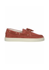 Red suede casual loafer with white rubber sole, side lacing, and bow detail on top, shown in profile on white background.