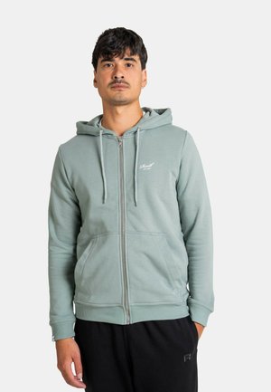 Mann mit dunklen Haaren, der eine hellgrüne Zip-up-Hoodie und schwarze Hose trägt, steht vor einem einfarbigen Hintergrund, Gesicht vorwärts mit neutralem Ausdruck.
