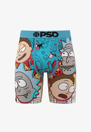 Boxer blu con volti da cartone animato colorati che mostrano varie espressioni e un logo nero "PSD" sulla cintura.