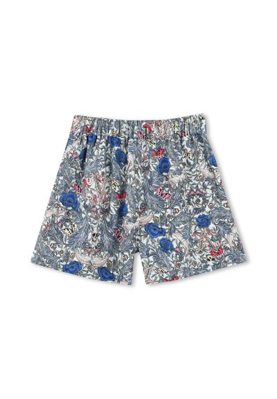Shorts à motifs avec une taille élastique, présentant un design floral dans des teintes de bleu, rose et vert sur un fond clair. Tissu léger.