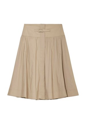 Beiger A-Linien-Rock mit hohem Bund, Schnallen-Detail in der Mitte vorne und unter dem Bund gerafftem Stoff für zusätzliches Volumen.