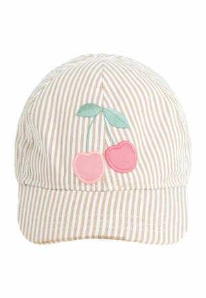 Beige and white striped cap with embroidered pink cherries and green leaves on front.