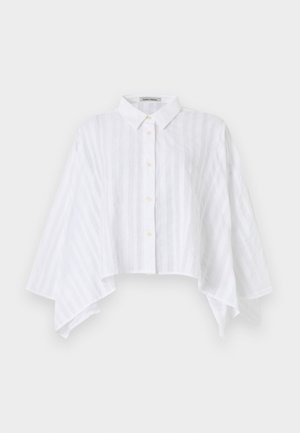 White button-up shirt with wide, flared sleeves and a cropped hem, featuring subtle vertical stripes and a pointed collar.