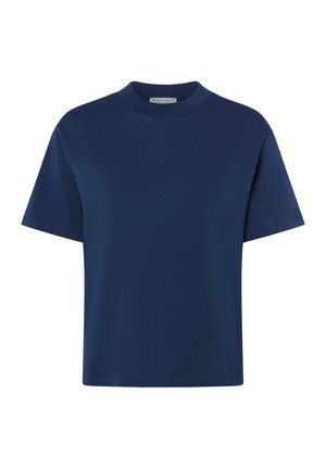 Granatowy t-shirt z krótkim rękawem, okrągłym dekoltem, luźnym krojem oraz małą metką marki wewnątrz kołnierza.