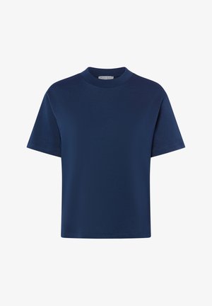 Navy blue short-sleeve crew neck t-shirt with a loose fit and a small brand label inside the collar.