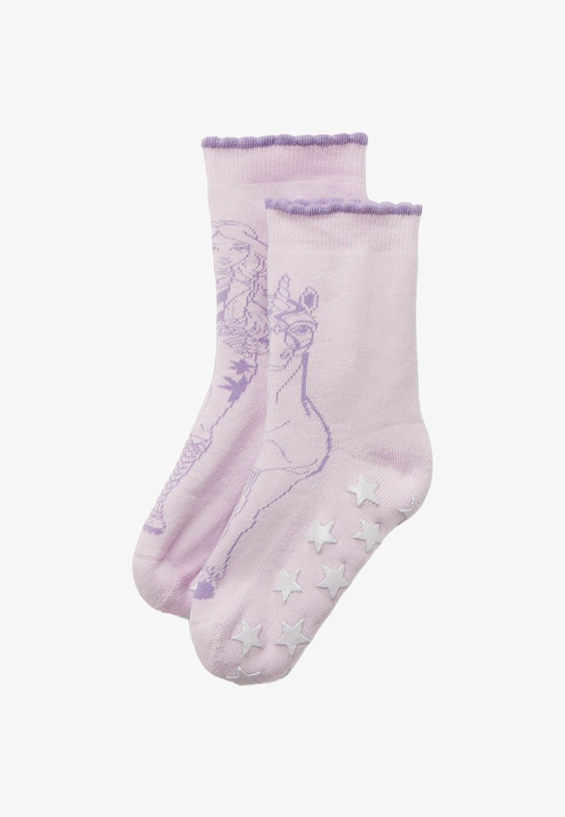 Fioletowe skarpetki za kostkę z motywem jednorożca, z teksturowanymi podeszwami ozdobionymi białymi wzorami gwiazdek oraz falbaną na górze.