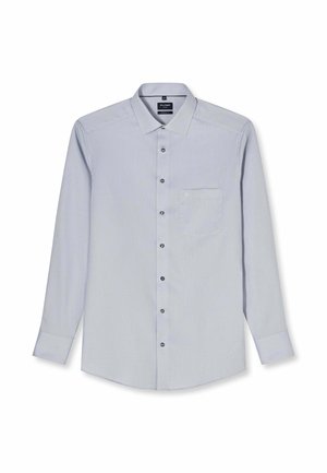 Hellgraues Herrenhemd mit langen Ärmeln, Knopfleiste vorne, einer Brusttasche und klassischem Kragen.