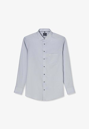 Hellgraues Herrenhemd mit langen Ärmeln, Knopfleiste vorne, einer Brusttasche und klassischem Kragen.